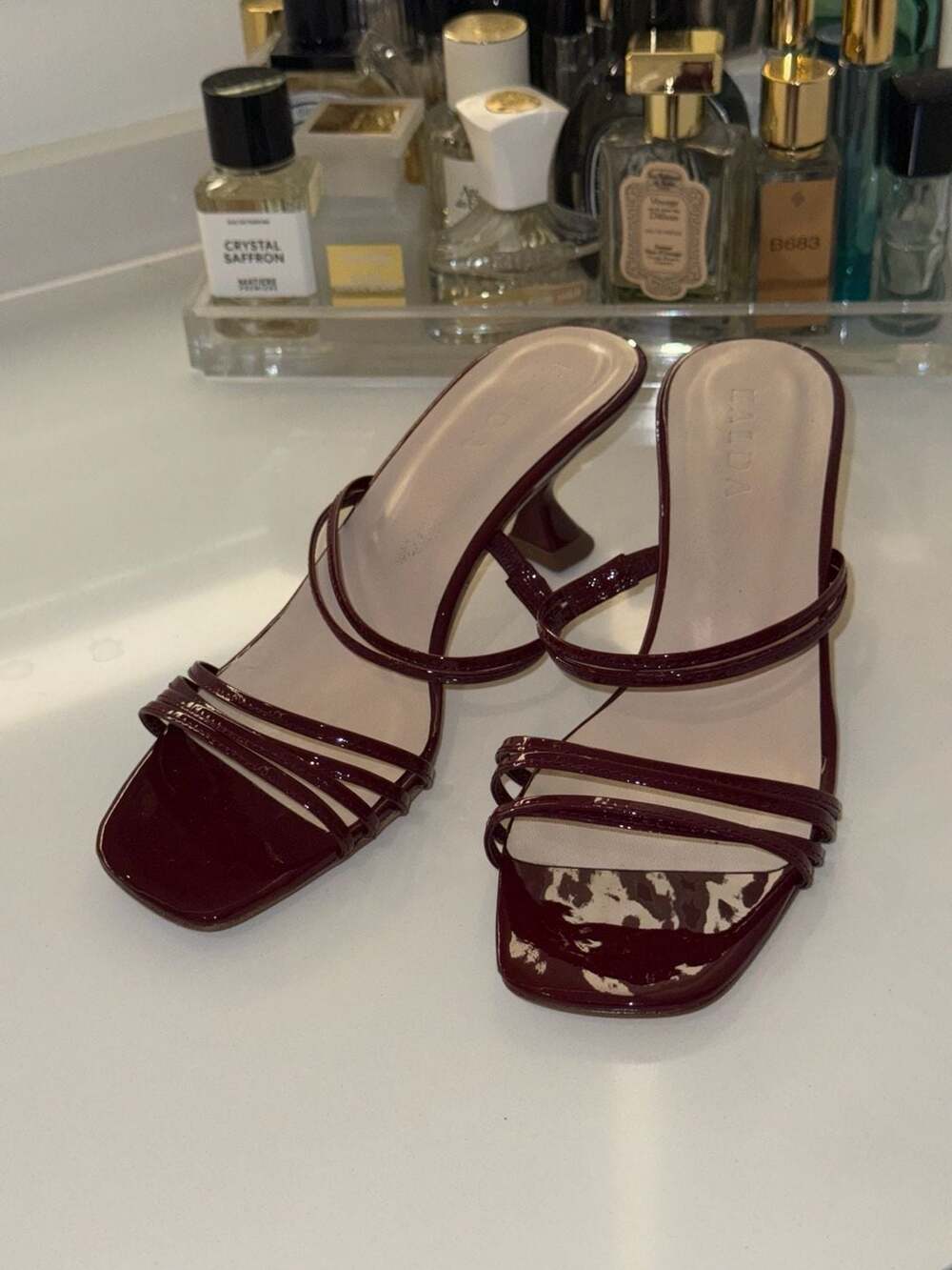 Kalda burgundy patent leather strappy kitten heel mules